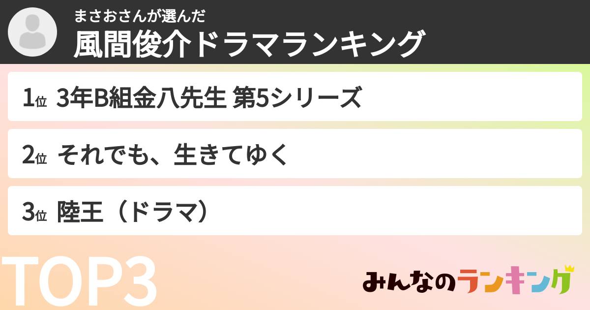まさおさんさんの「風間俊介ドラマランキング」