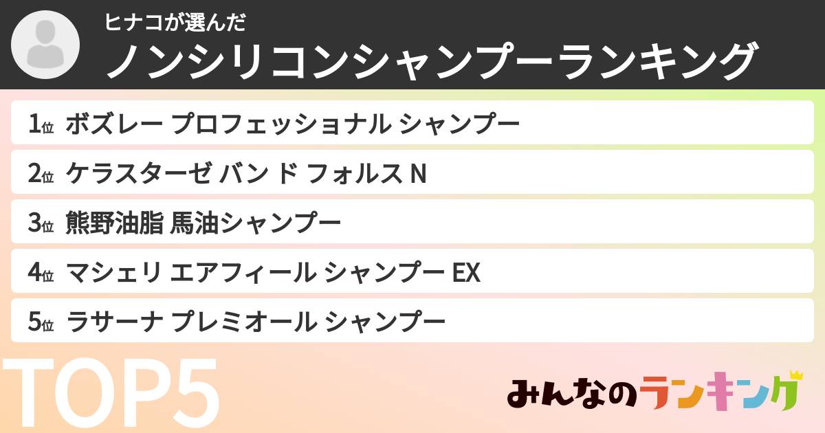 ヒナコさんの「ノンシリコンシャンプーランキング」