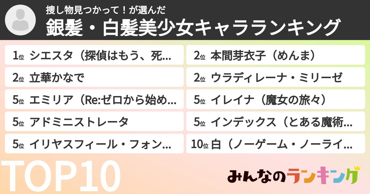 捜し物見つかって!さんの「銀髪・白髪美少女キャラランキング」