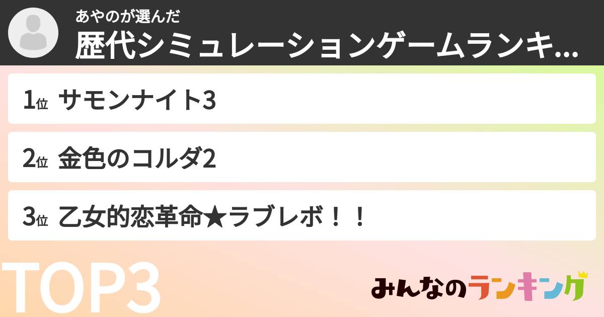 あやのさんの「歴代シミュレーションゲームランキング」