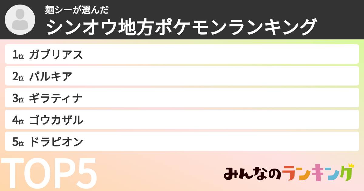 麺シーさんの「シンオウ地方ポケモンランキング」