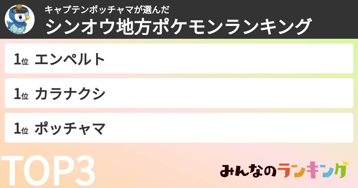 キャプテンポッチャマさんの「シンオウ地方ポケモンランキング」