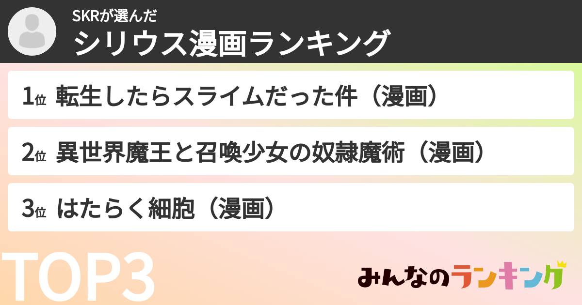 SKRさんの「シリウス漫画ランキング」