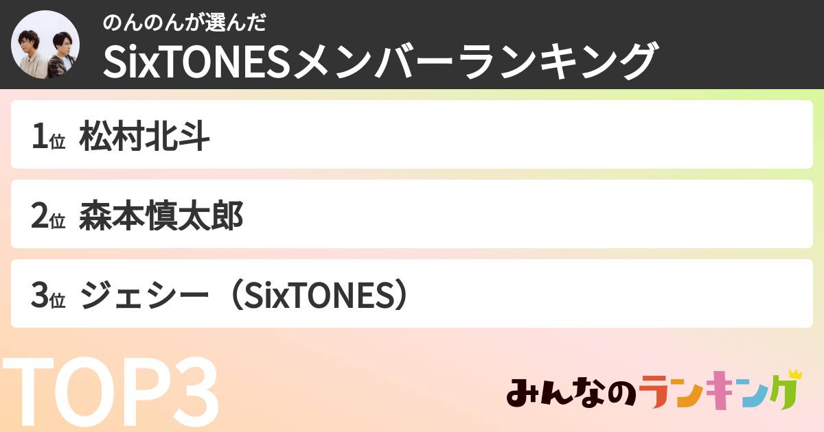 のんのんさんの「SixTONESメンバーランキング」