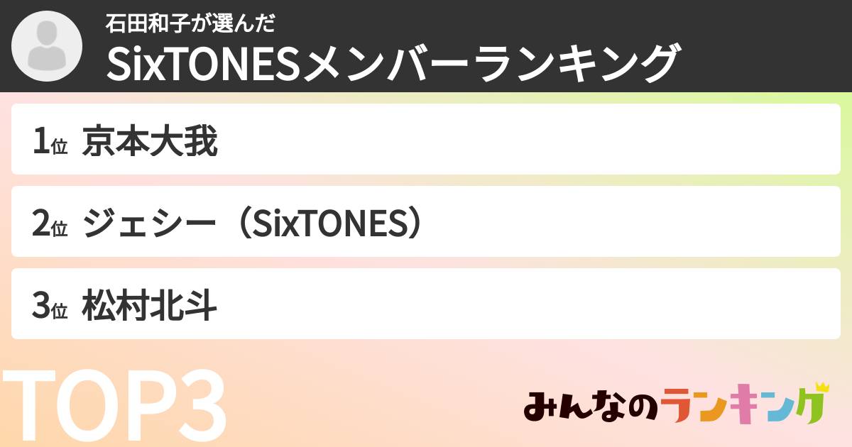 石田和子さんの「SixTONESメンバーランキング」