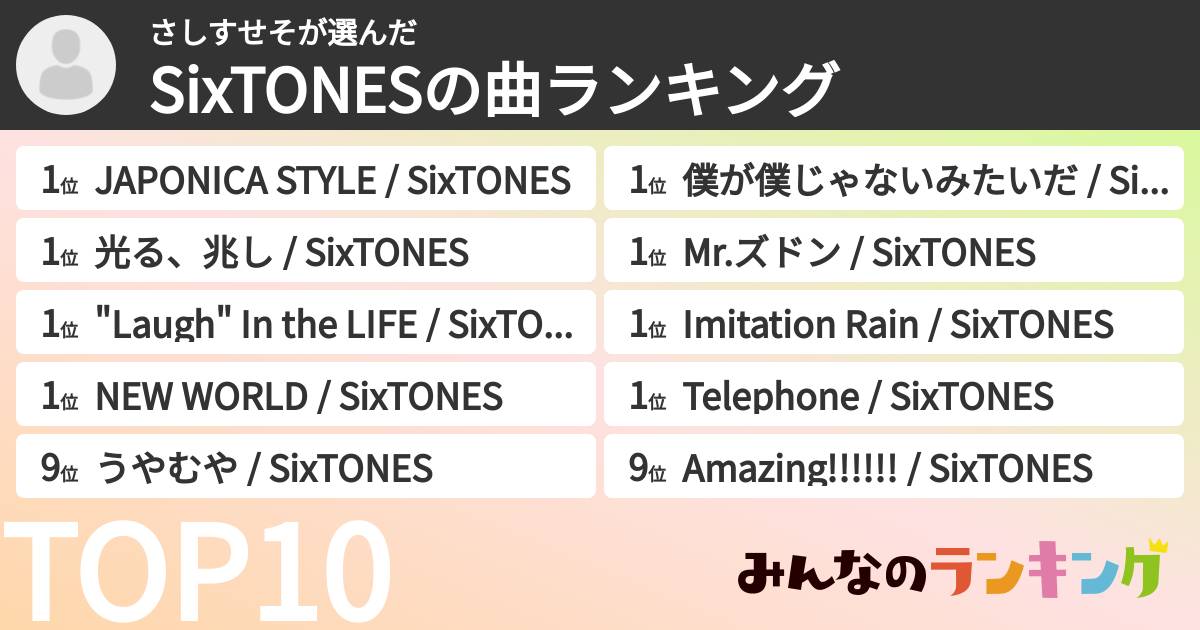 さしすせそさんの「SixTONESの曲ランキング」