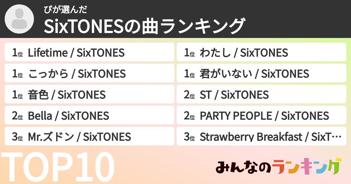 ぴさんの「SixTONESの曲ランキング」