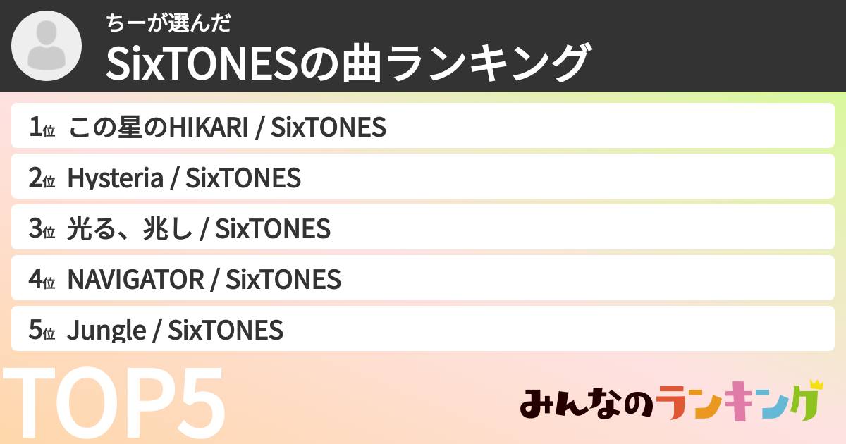 ちーさんの「SixTONESの曲ランキング」