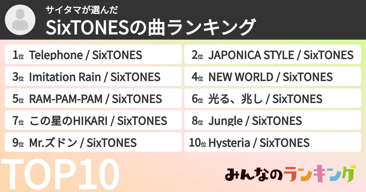 サイタマさんの「SixTONESの曲ランキング」