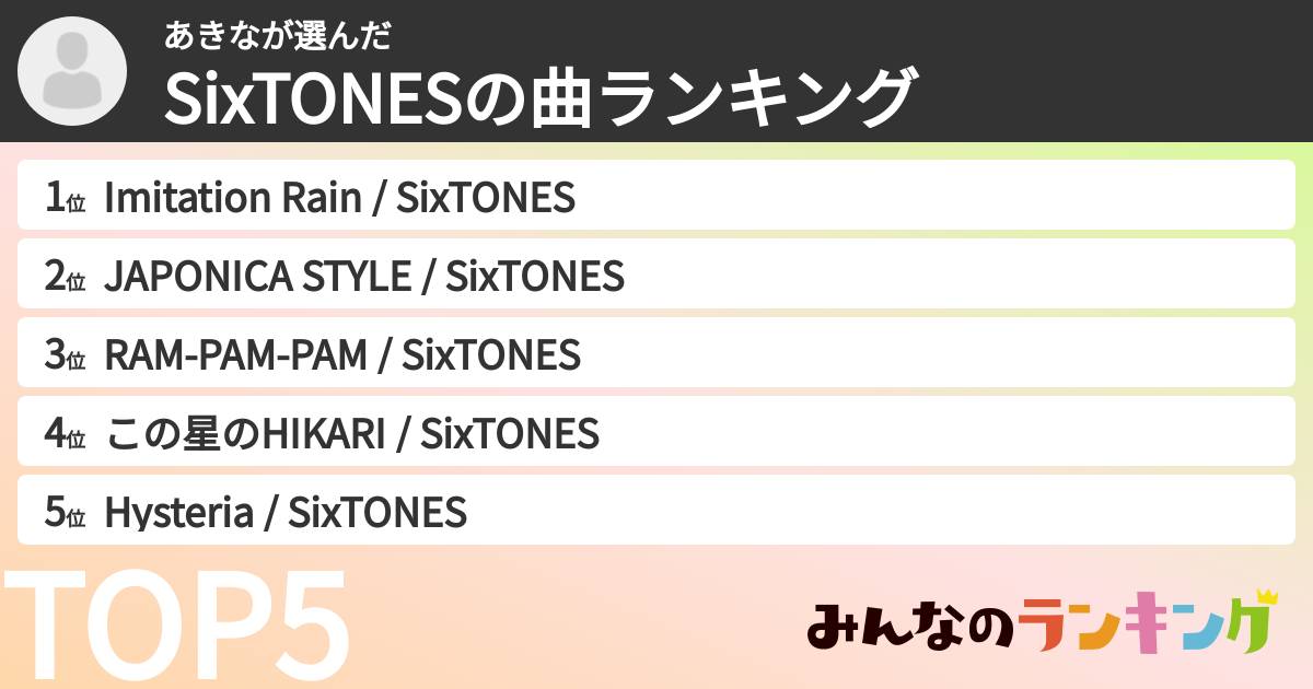 あきなさんの「SixTONESの曲ランキング」