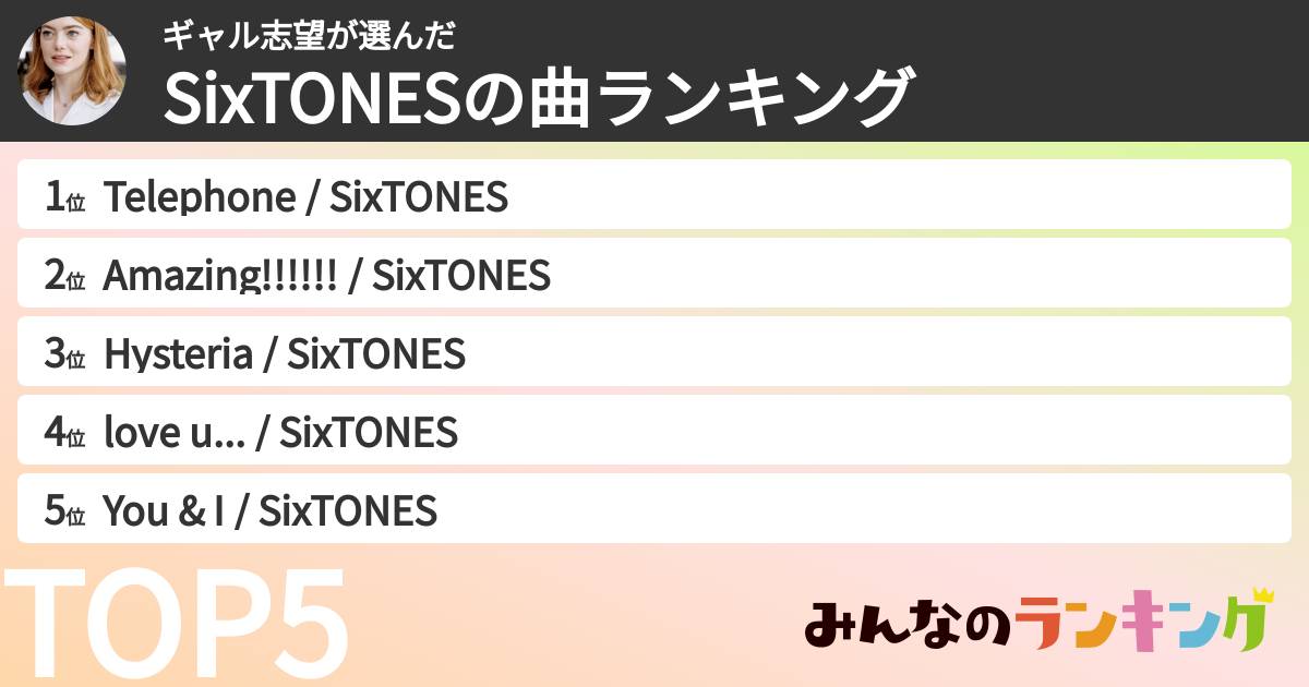 ギャル志望さんの「SixTONESの曲ランキング」