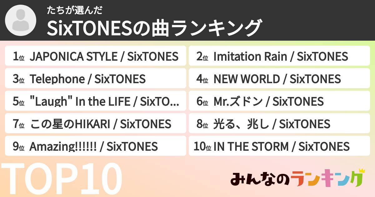 たちさんの「SixTONESの曲ランキング」