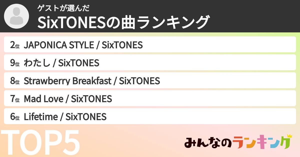 ゲストさんの「SixTONESの曲ランキング」