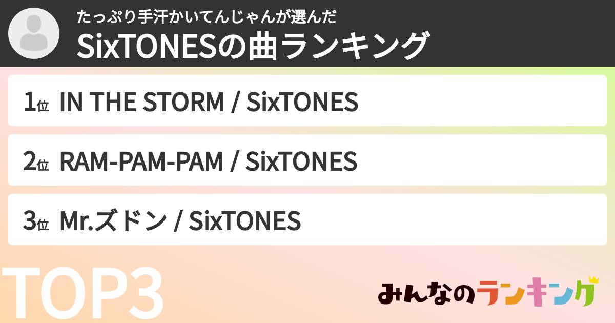 たっぷり手汗かいてんじゃんさんの「SixTONESの曲ランキング」