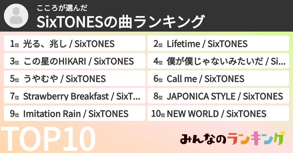 こころさんの「SixTONESの曲ランキング」