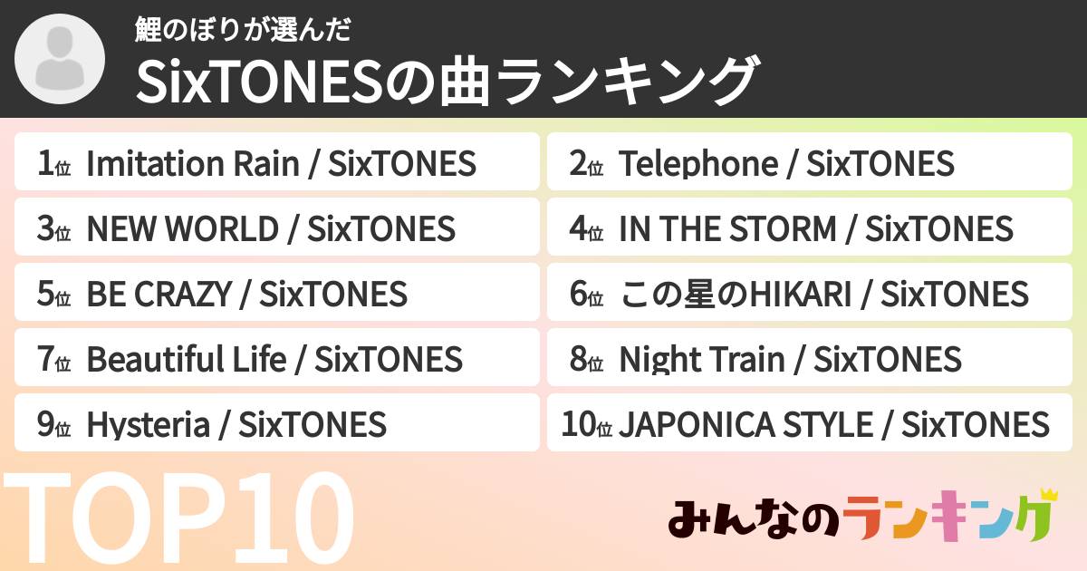 鯉のぼりさんの「SixTONESの曲ランキング」