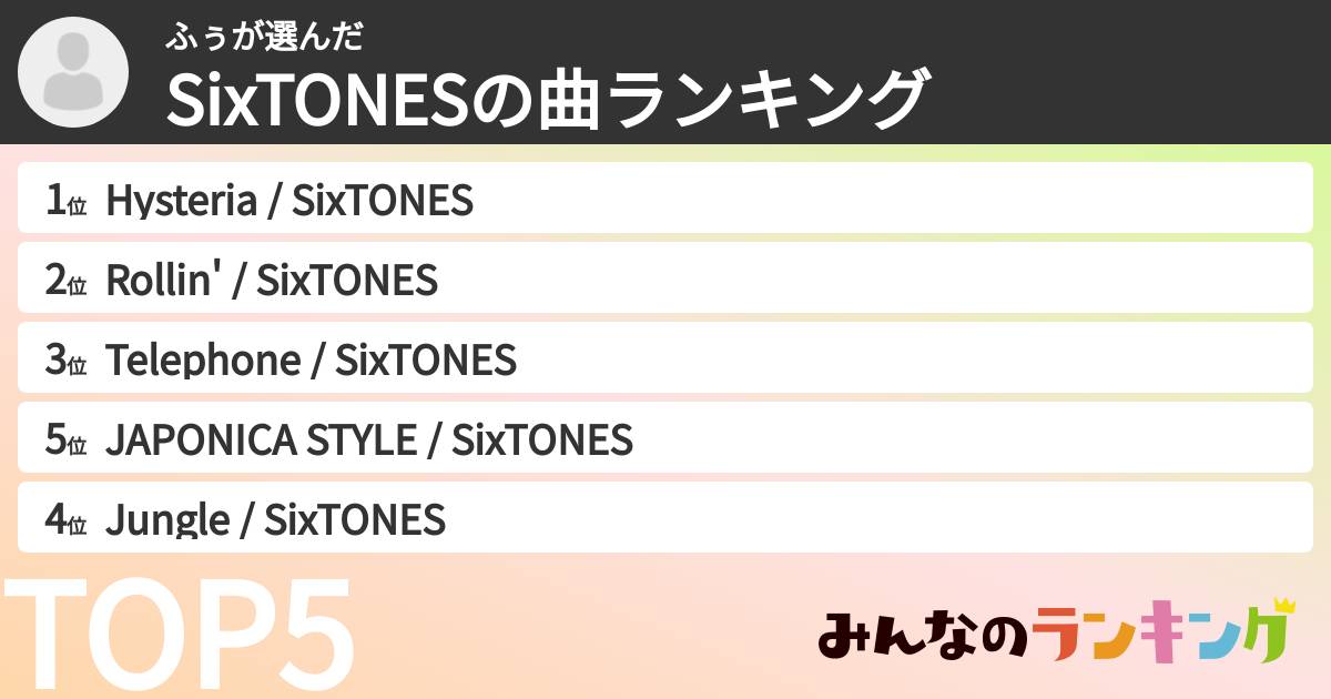 ふぅさんの「SixTONESの曲ランキング」