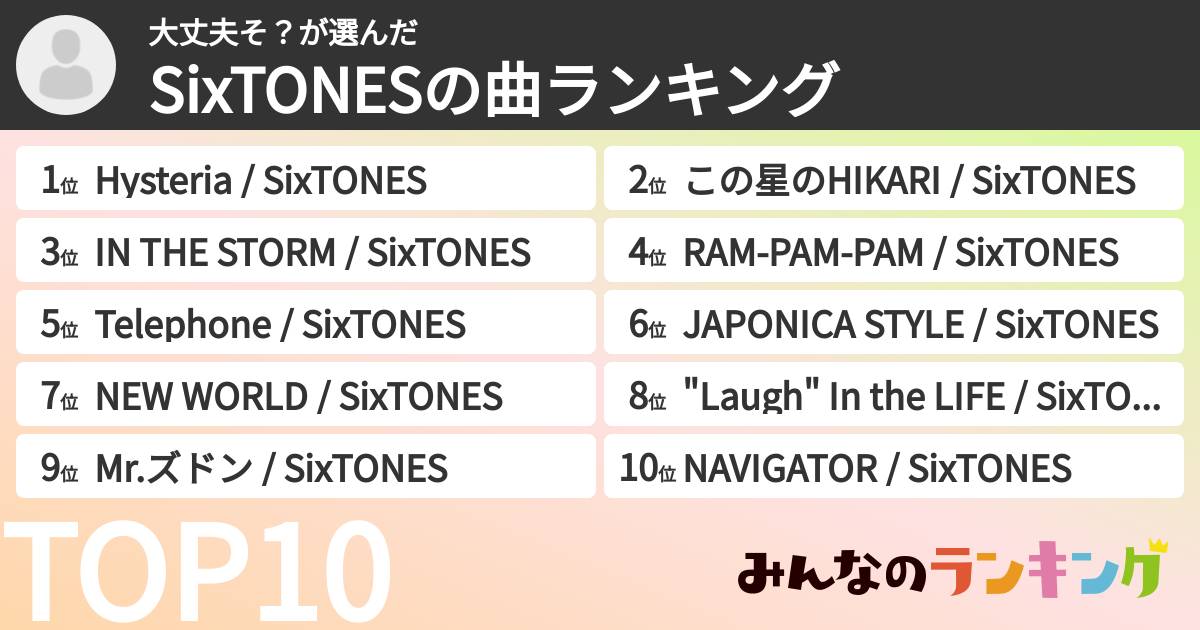 大丈夫そ？さんの「SixTONESの曲ランキング」