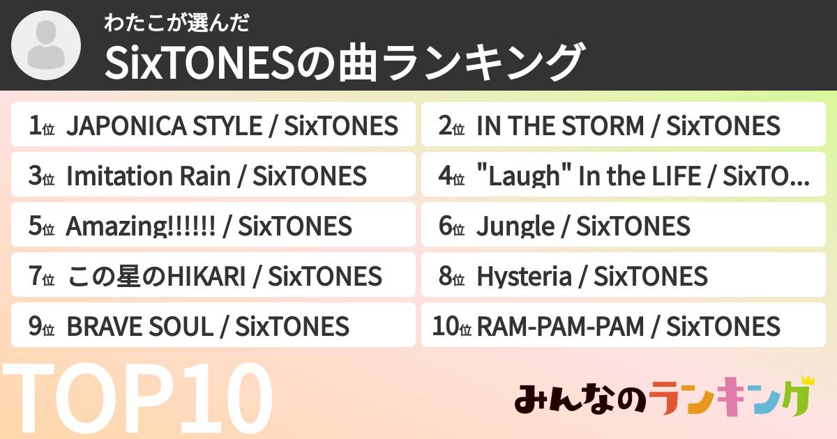 わたこさんの「SixTONESの曲ランキング」