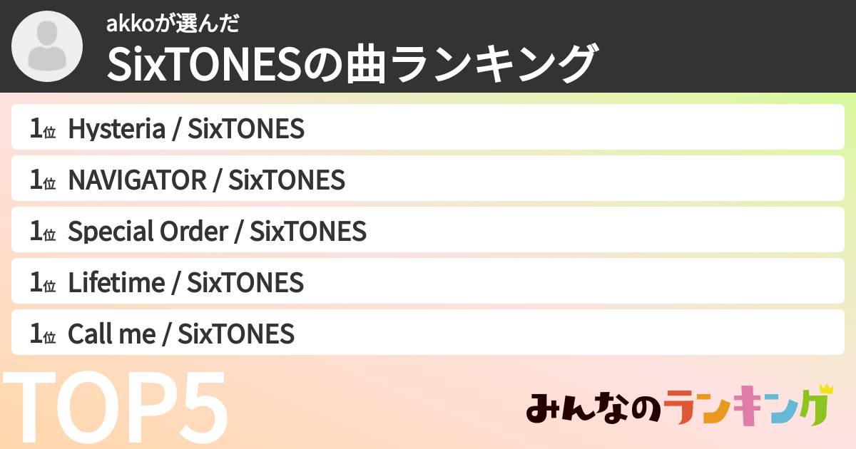 akkoさんの「SixTONESの曲ランキング」