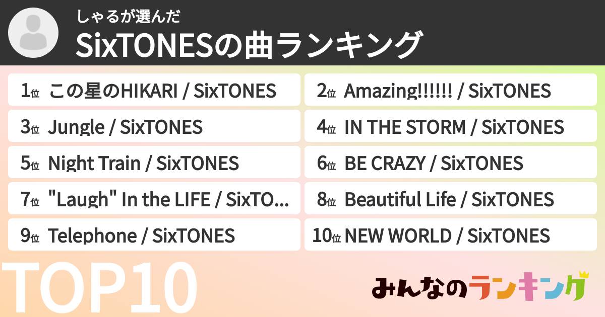 しゃるさんの「SixTONESの曲ランキング」