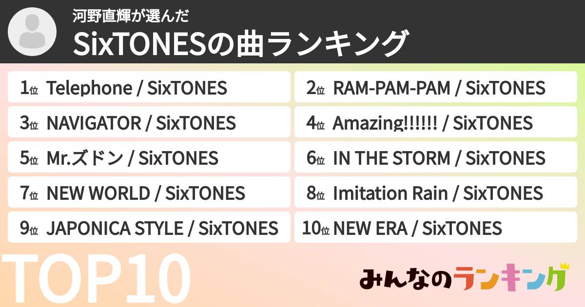 河野直輝さんの「SixTONESの曲ランキング」