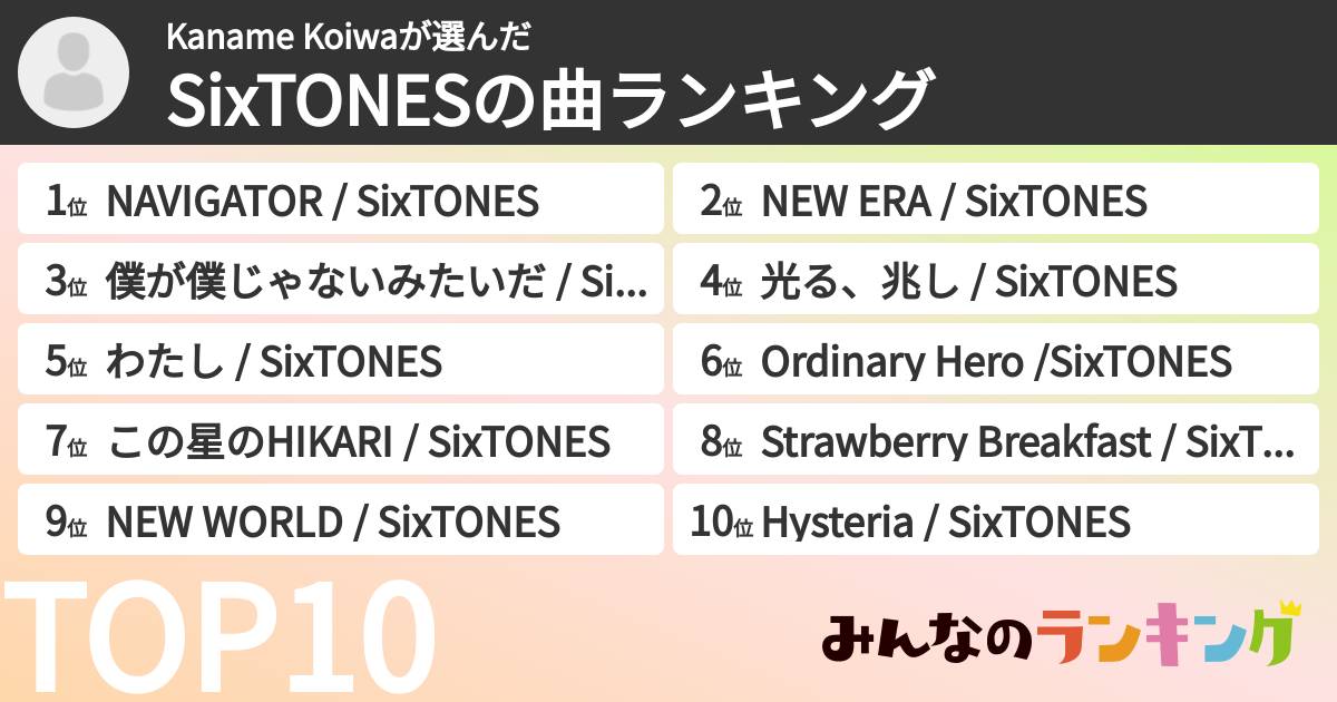 Kaname Koiwaさんの「SixTONESの曲ランキング」
