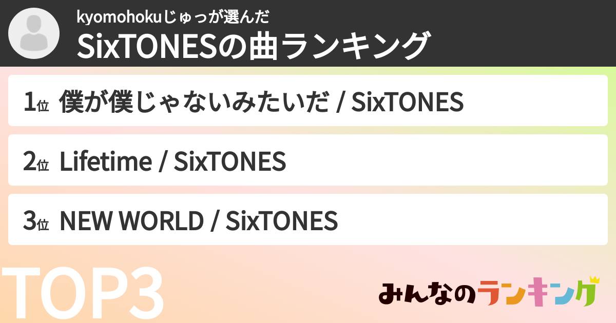kyomohokuじゅっさんの「SixTONESの曲ランキング」