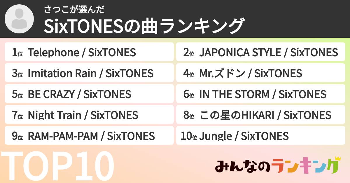 さつこさんの「SixTONESの曲ランキング」