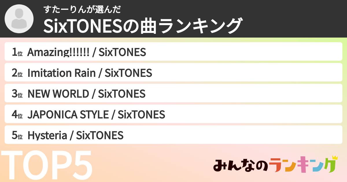すたーりんさんの「SixTONESの曲ランキング」