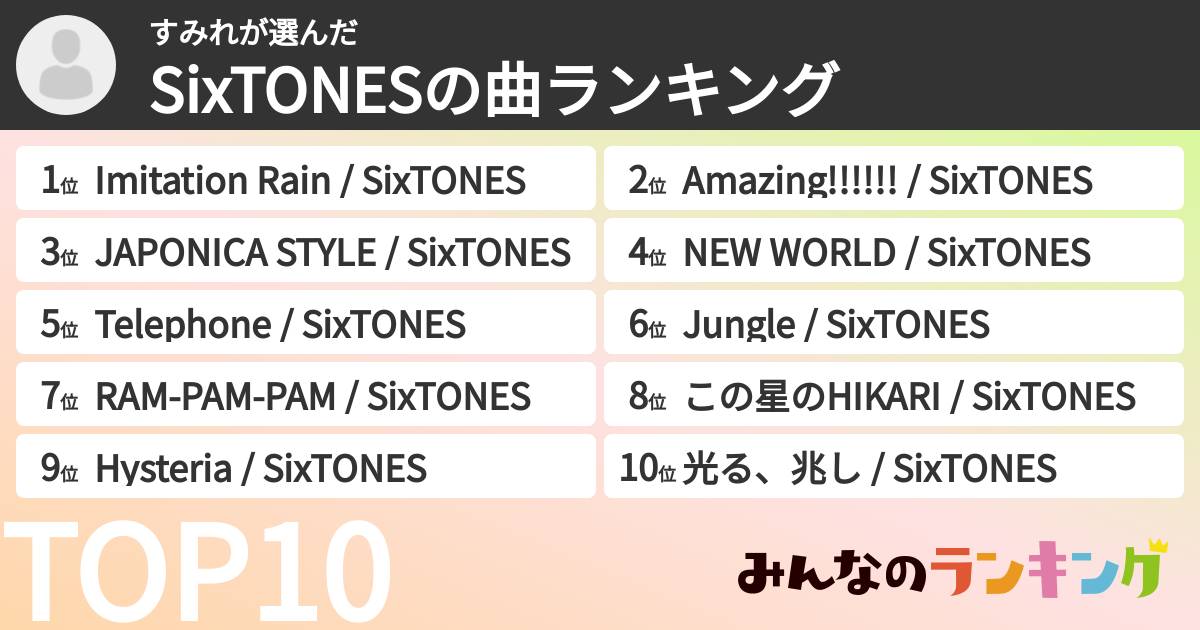 すみれさんの「SixTONESの曲ランキング」