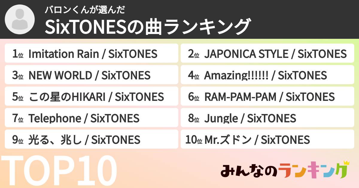 バロンくんさんの「SixTONESの曲ランキング」