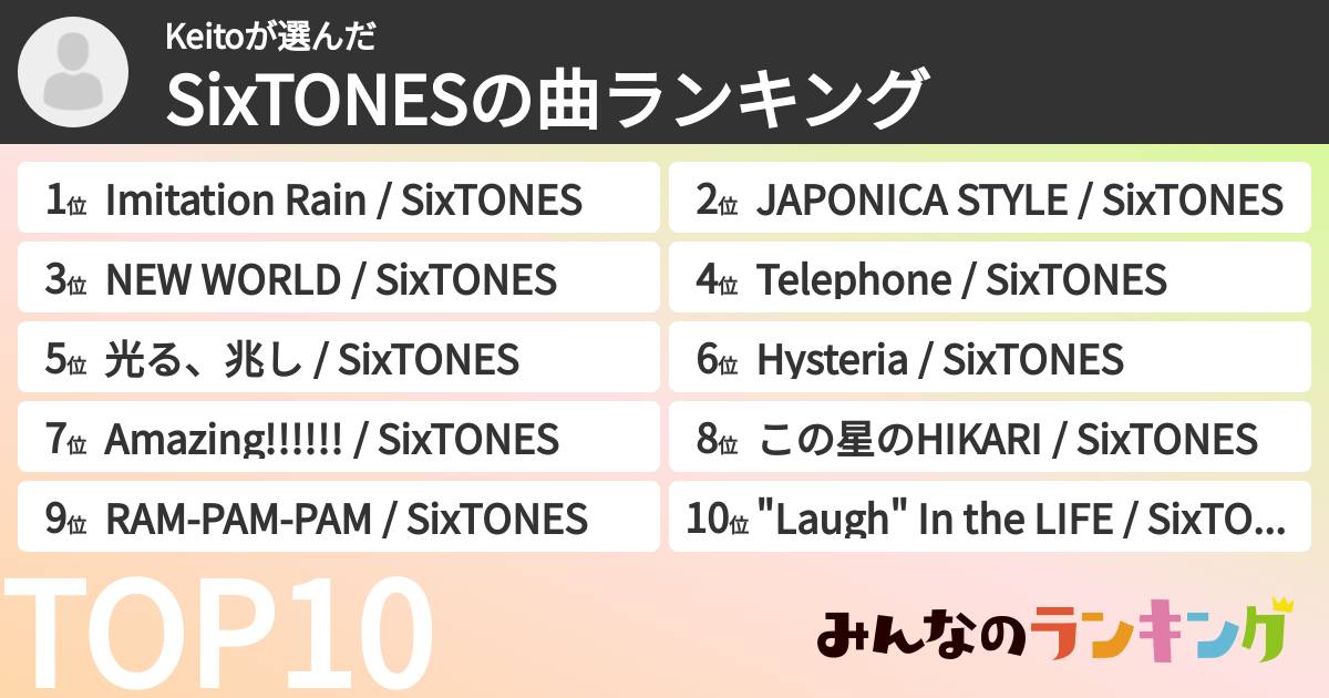 Keitoさんの「SixTONESの曲ランキング」
