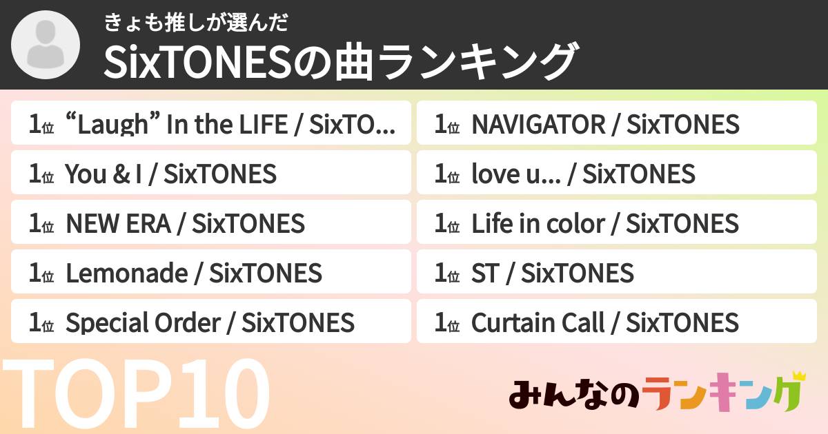 きょも推しさんの「SixTONESの曲ランキング」