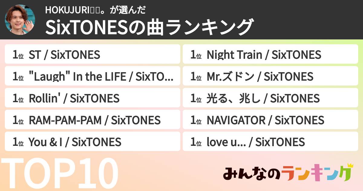HOKUJURI🖤💙。さんの「SixTONESの曲ランキング」