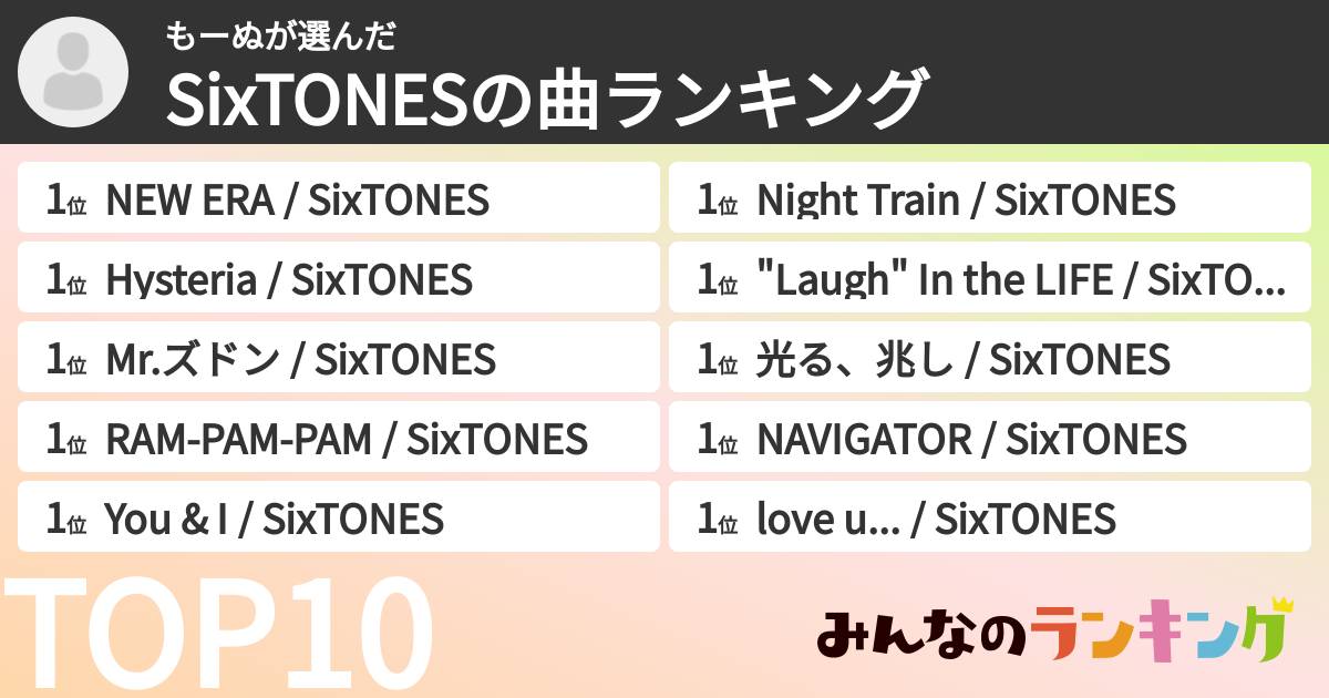 もーぬさんの「SixTONESの曲ランキング」