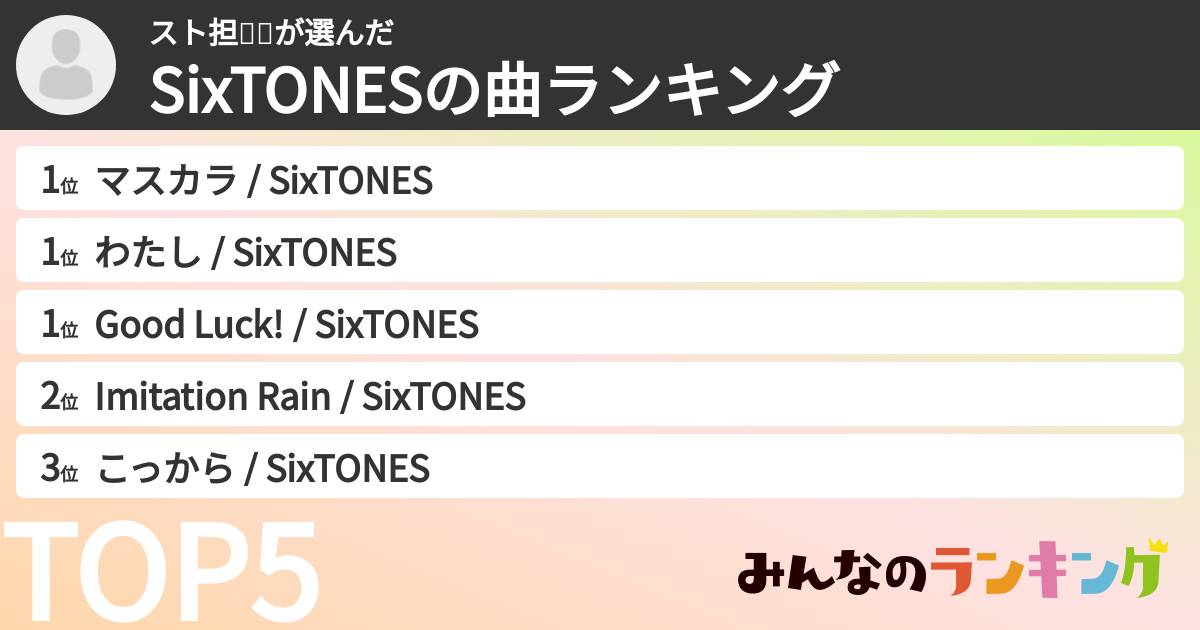スト担🖤💙さんの「SixTONESの曲ランキング」