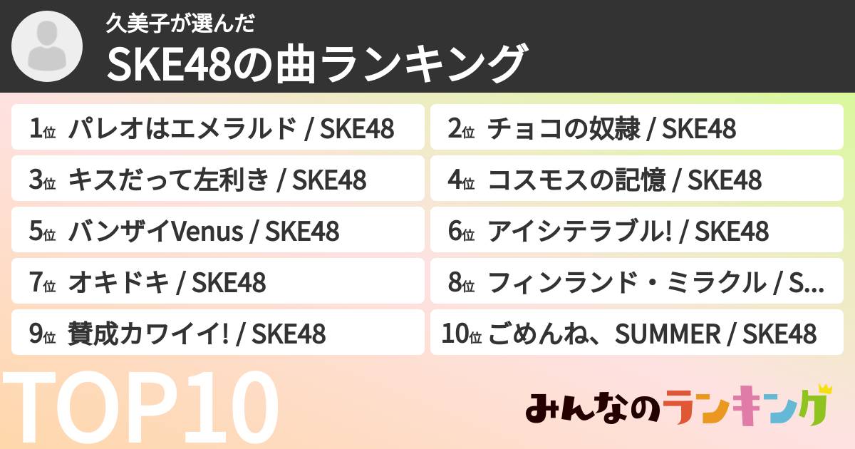 久美子さんの「SKE48の曲ランキング」