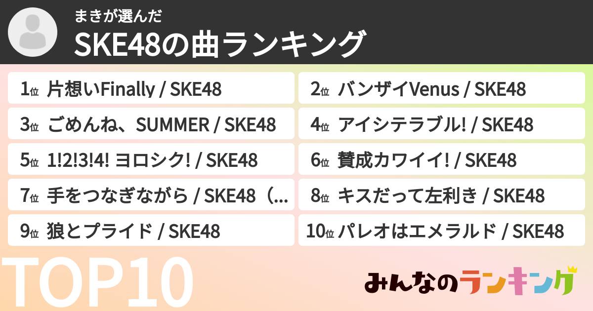 まきさんの「SKE48の曲ランキング」