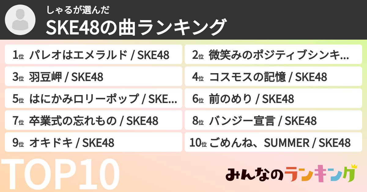 しゃるさんの「SKE48の曲ランキング」