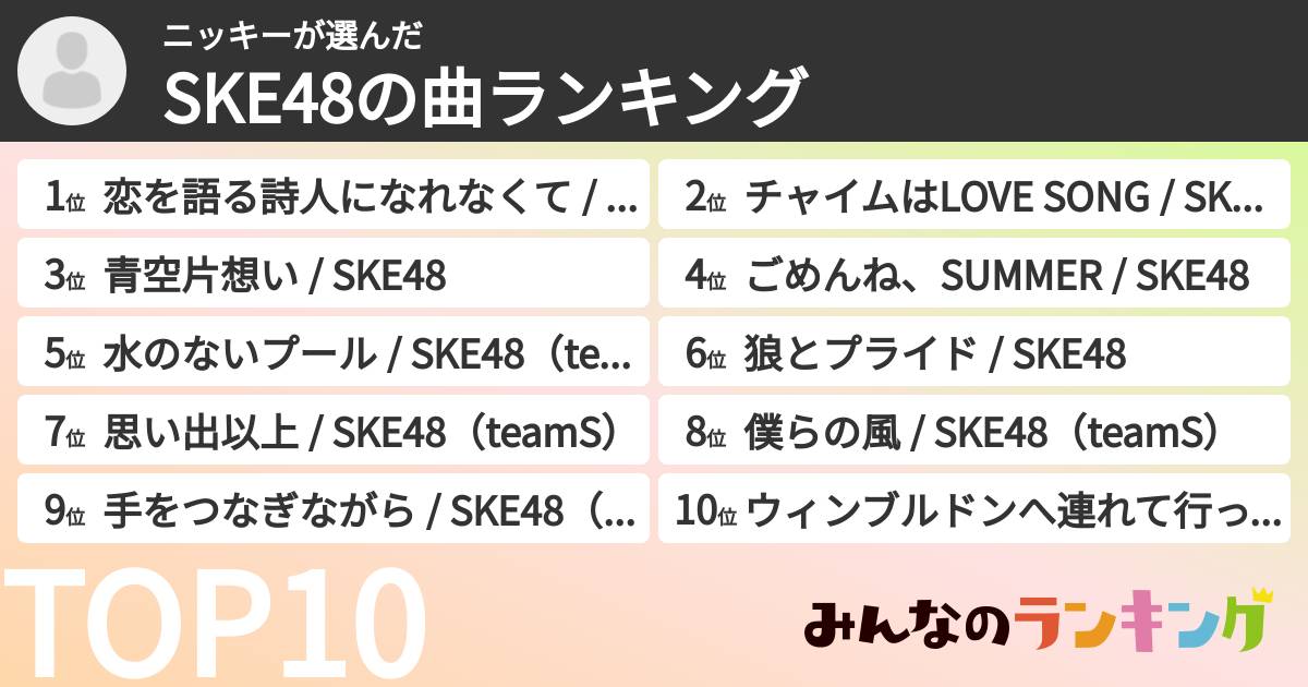 ニッキーさんの「SKE48の曲ランキング」