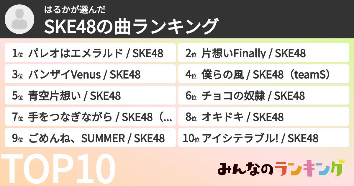 はるかさんの「SKE48の曲ランキング」