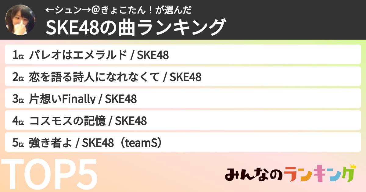 ←シュン→＠きょこたん！さんの「SKE48の曲ランキング」