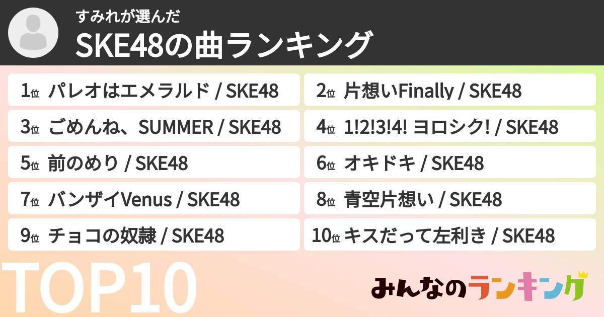 すみれさんの「SKE48の曲ランキング」