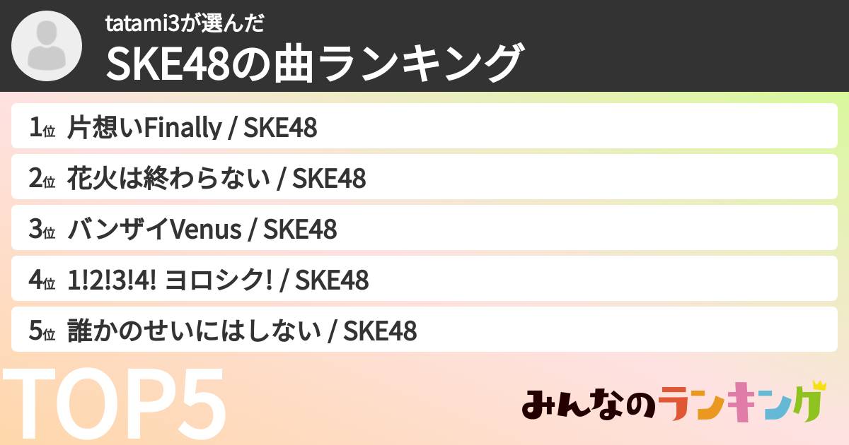tatami3さんの「SKE48の曲ランキング」