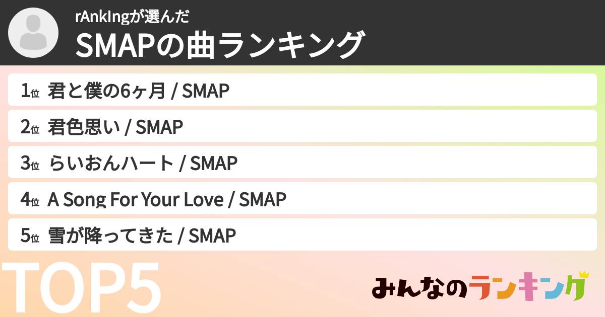 rAnkIngさんの「SMAPの曲ランキング」