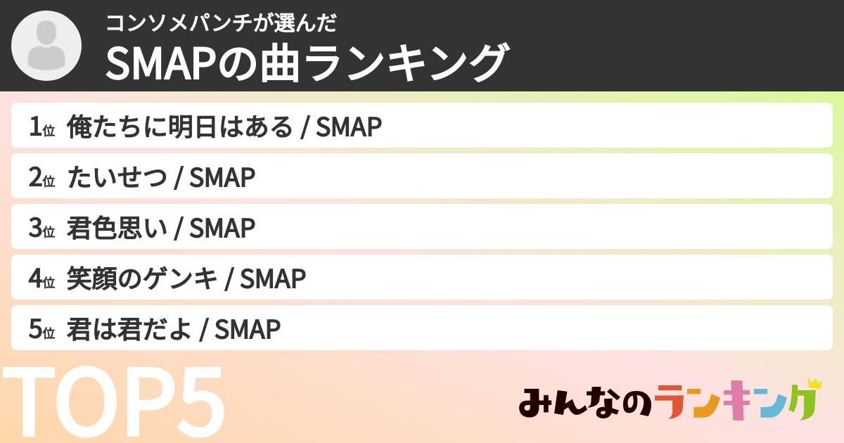 コンソメパンチさんの「SMAPの曲ランキング」