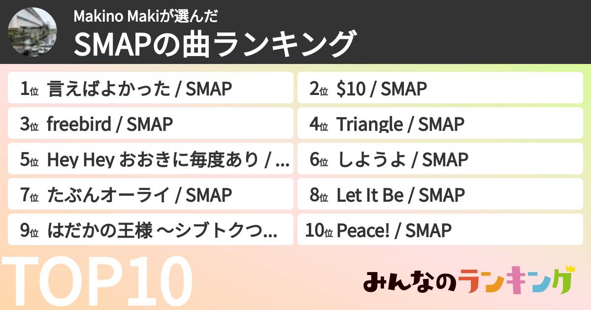 Makino Makiさんの「SMAPの曲ランキング」