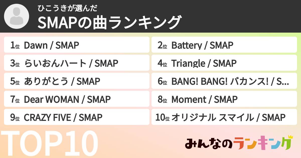 ひこうきさんの「SMAPの曲ランキング」