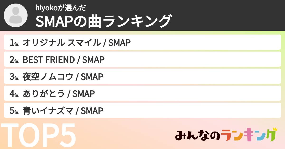 hiyokoさんの「SMAPの曲ランキング」